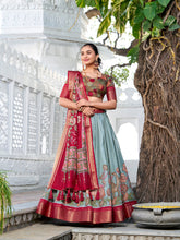 See Green Color Printed (Kalamkari) With Zari Weaving Border Jacquard Silk Lehenga Choli